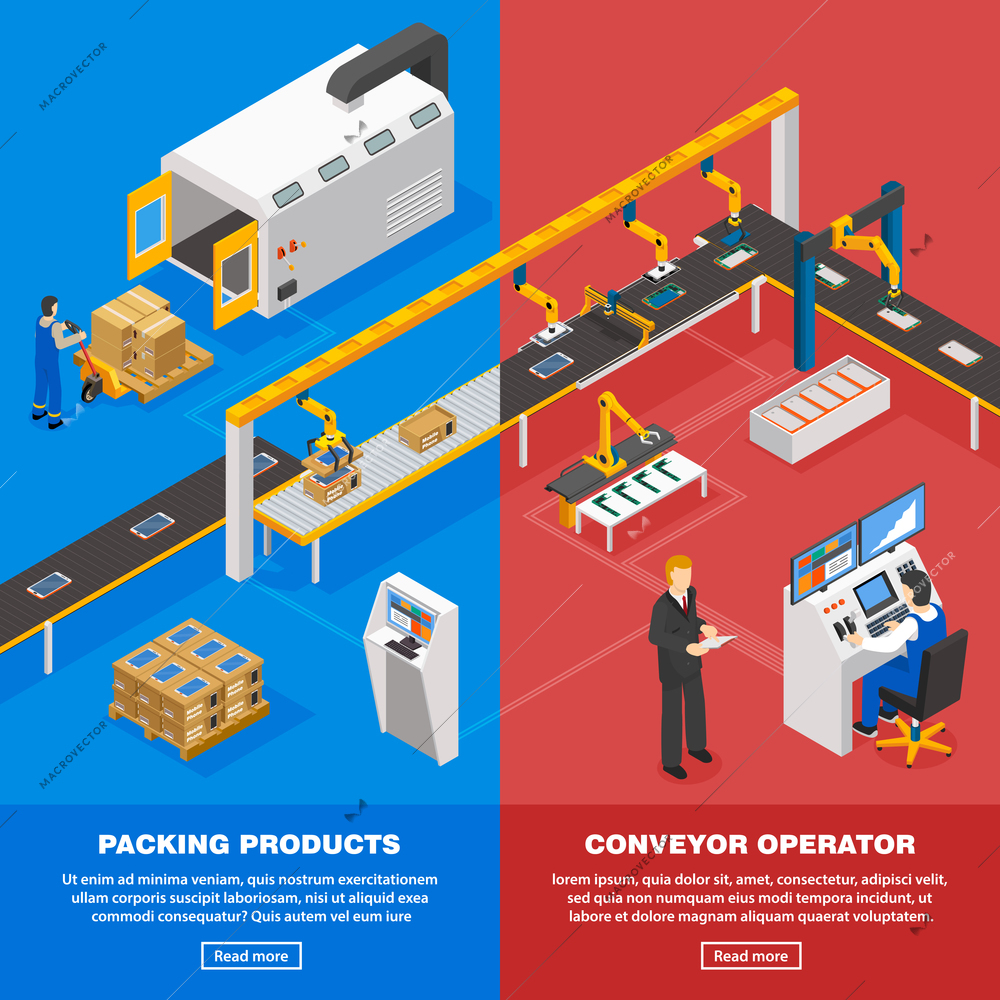 Conveyor line isometric vertical banners set with packing symbols isolated vector illustration