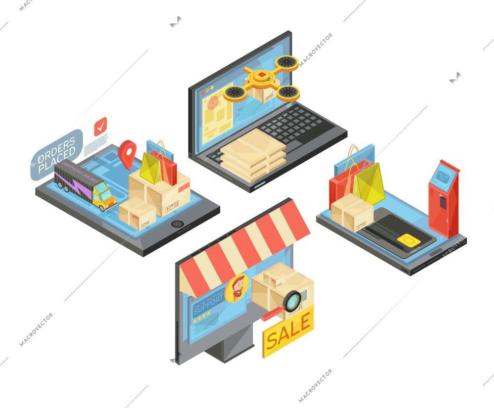 Online shopping isometric compositions with packages and bags, payment, delivery, support service, mobile devices isolated vector illustration