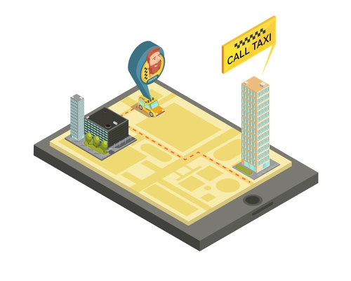 Taxi mobile service composition with houses city map and car driver on screen gadget isometric vector illustration