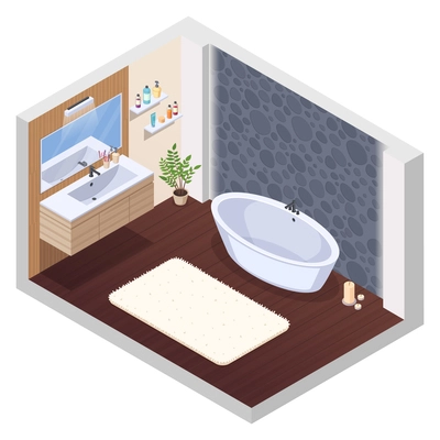 Bathroom isometric interior composition with jaccuzi spa tub wall tile mirror washstand bath mat and candles vector illustration