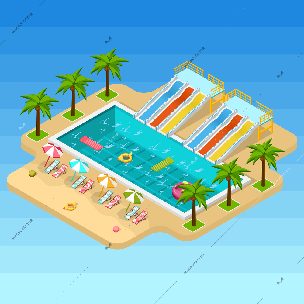 Isometric aqua park composition looks like isolated island in the middle of the sea vector illustration