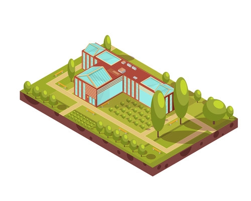 Isometric layout of university red building with glass roof green trees benches and walkways 3d vector illustration