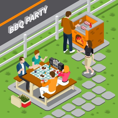 Bbq party isometric composition with cooking on grill, people at table with foods, dancing woman vector illustration