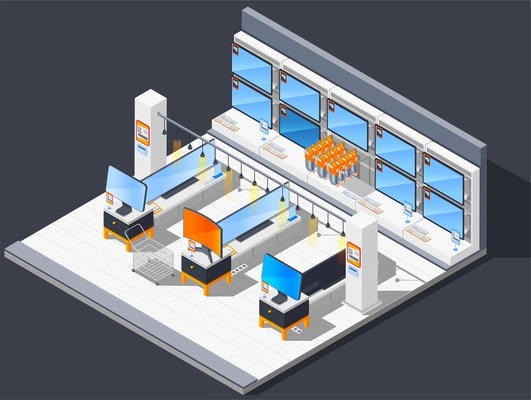 Electronics supermarket isometric composition with electrical shop room with widescreen tv monitors and equipment for sale vector illustration