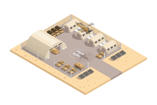 Beige color military isometric composition with with helipad and parking guarded area vector illustration