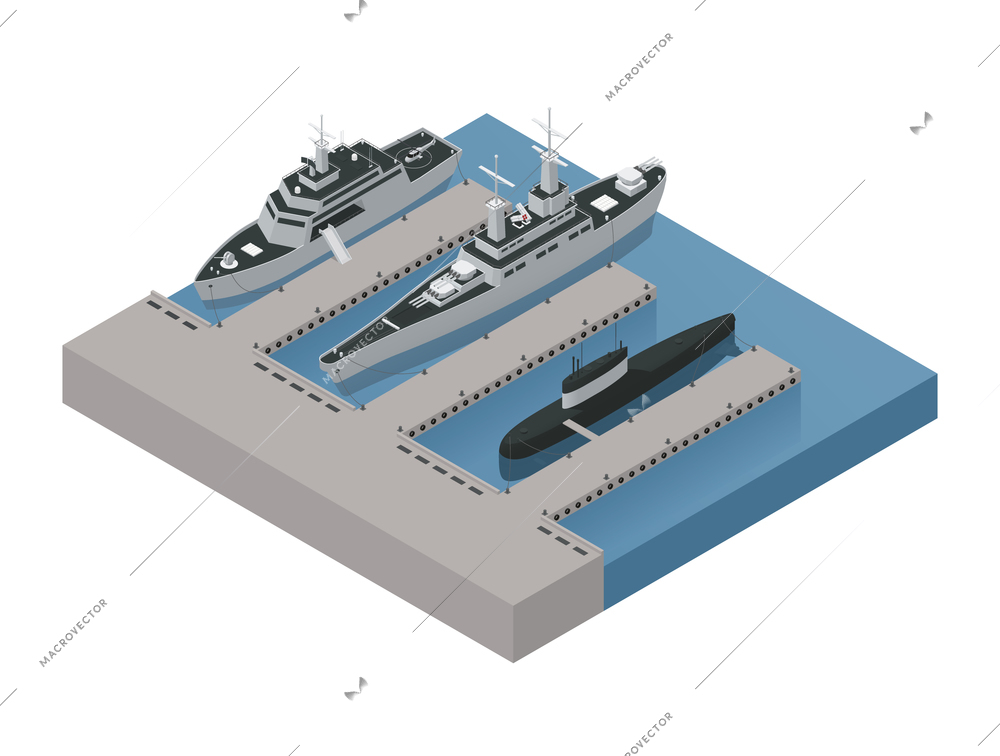 Colored military boats isometric 3d composition with ships moored near the shore vector illustration