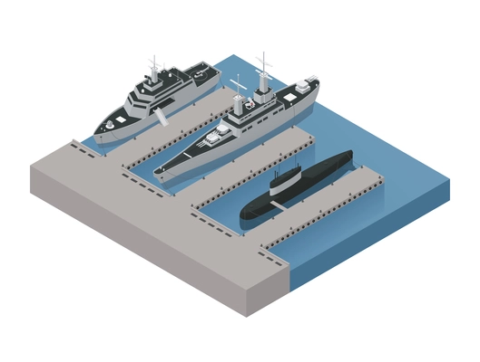 Colored military boats isometric 3d composition with ships moored near the shore vector illustration