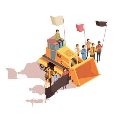 Isometric mining composition with group of human characters holding placards and protest flags near bulldozer vector illustration