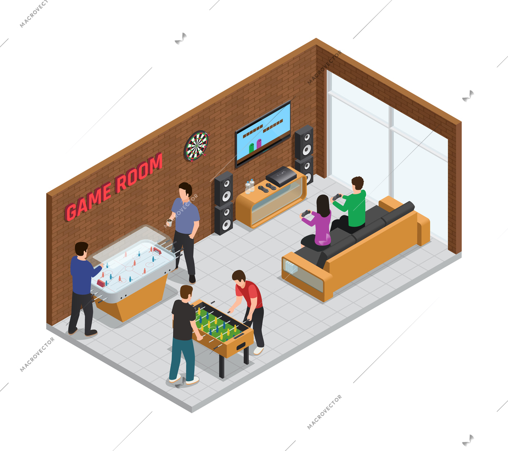 Home game club interior isometric composition cozy room for relaxation with board and video games vector illustration
