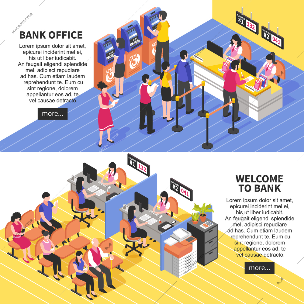 Bank office horizontal isometric banners with service of visitors, waiting area, atm, interior elements isolated vector illustration