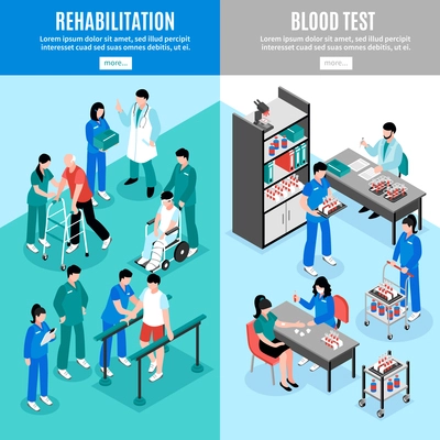 Hospital vertical isometric banners set with lab blood test and rehabilitation center patients treatment isolated vector illustrations