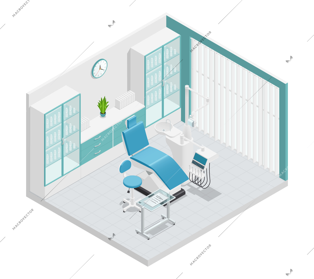 Stomatology dentistry isometric 3 d cabinet composition with furniture and work attributes vector illustration