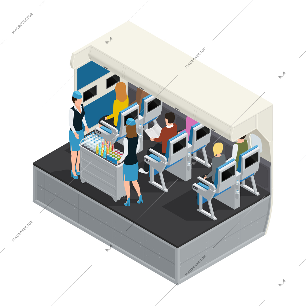 Colored airplane interior isometric composition with lunch on board flight attendants carry food to passengers vector illustration