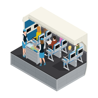 Colored airplane interior isometric composition with lunch on board flight attendants carry food to passengers vector illustration