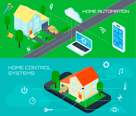 Smart home automation control system 2 horizontal colorful banners set with outdoor isometric schematic view vector illustration