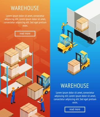 Warehouse vertical isometric banners with shelves with goods for storage, unloading cargo from lorry isolated vector illustration