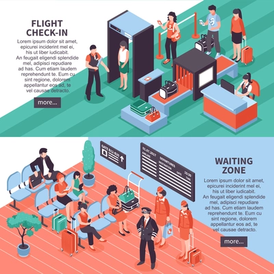 Airport flight check-in security and waiting area isometric 2 horizontal banners website design isolated vector illustration