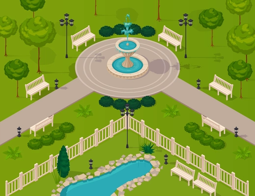 Fragment of city park landscape with walking path fountain trees and benches isometric vector illustration