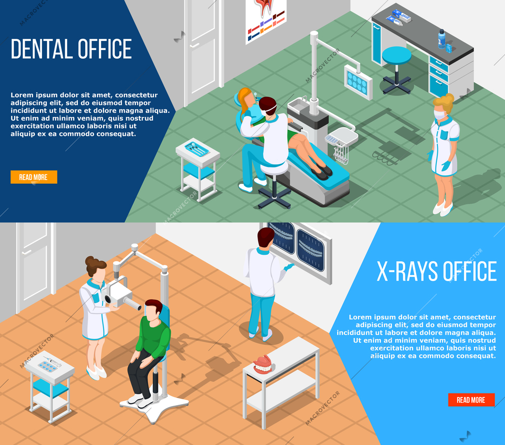 Dentist horizontal banners set with isometric indoor compositions of dental surgery interior with read more button vector illustration