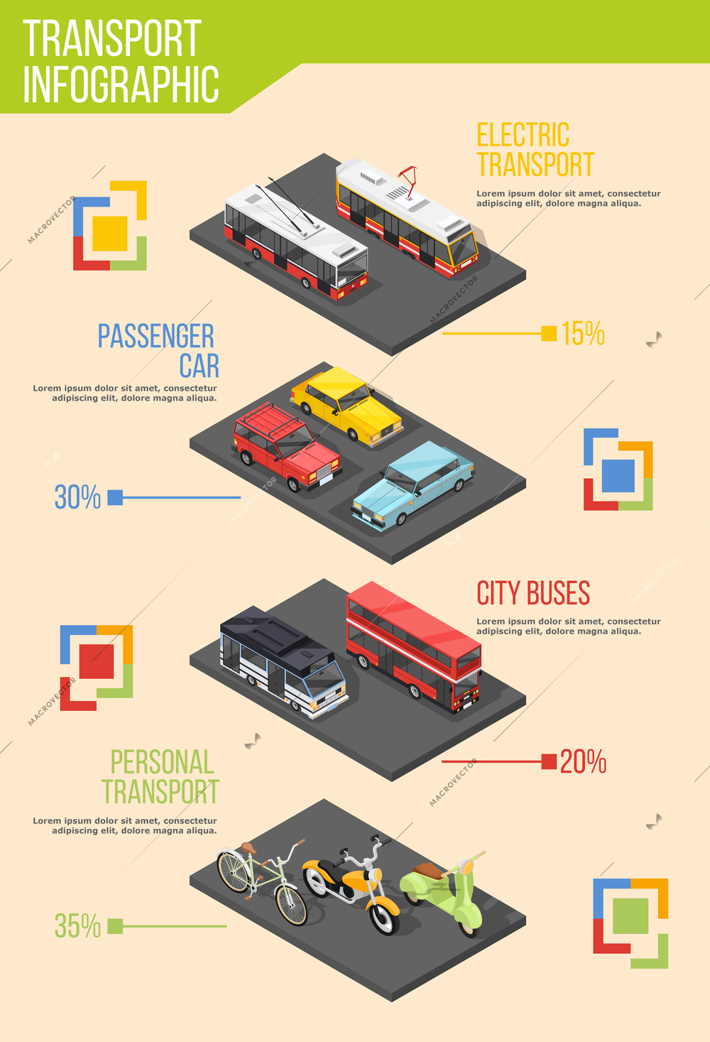 Transport infographics with isometric images of different transportation vehicles and material design elements with editable text vector illustration