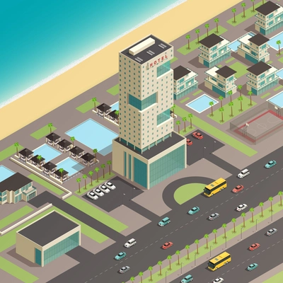 Isometric south city constructor composition with luxury hotel building and transportation elements vector illustration