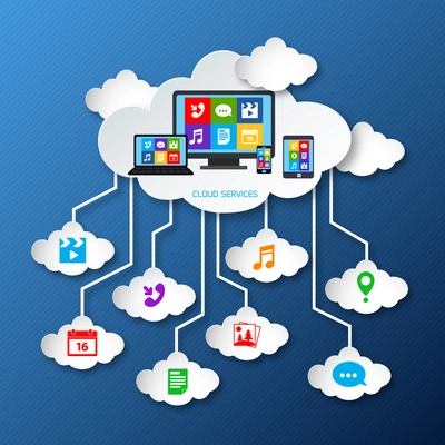 Mobile phone cloud services paper concept with app social media icons vector illustration