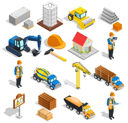 Construction isometric icons collection of isolated building equipment with images of workers machinery and constructional supplies vector illustration