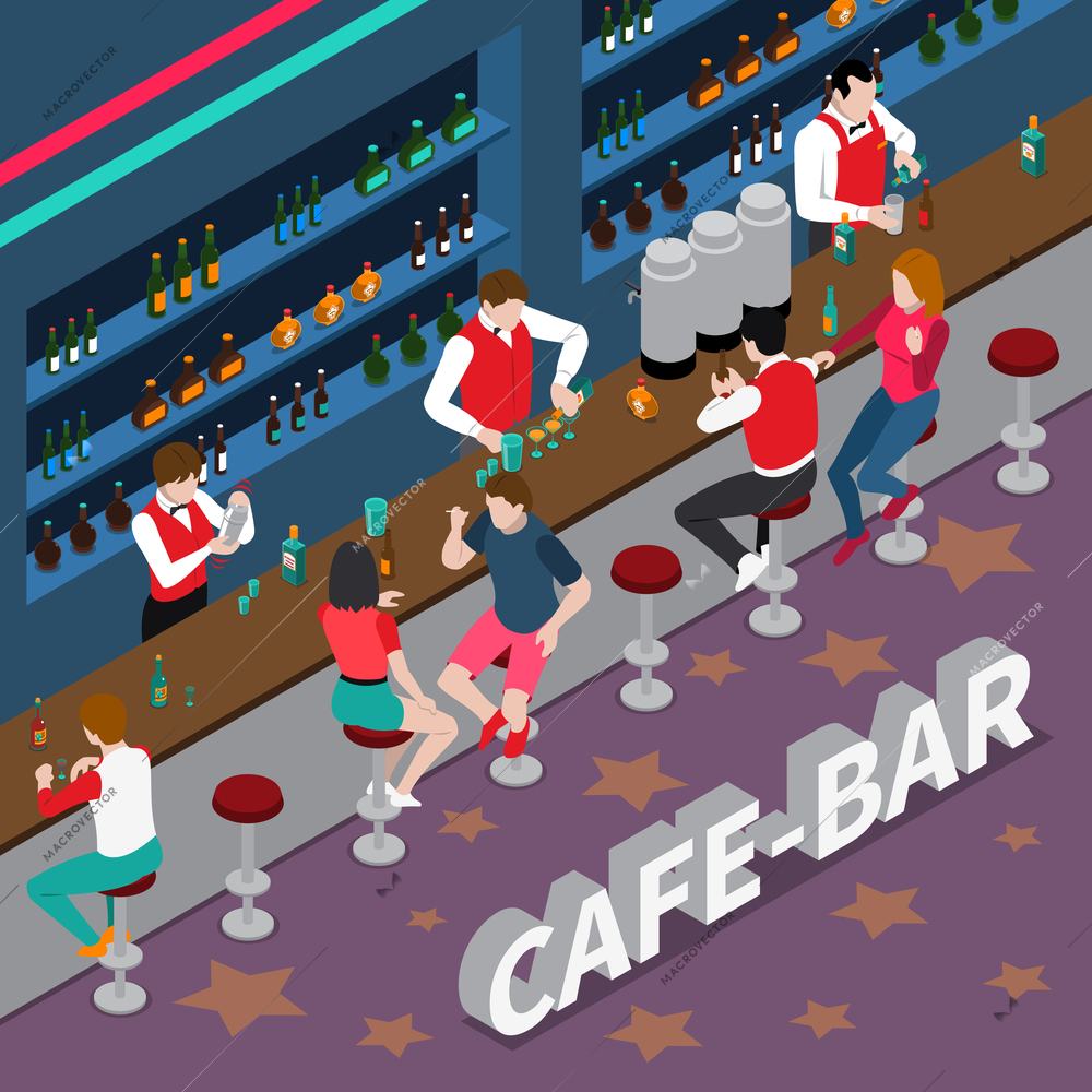 Cafe bar isometric composition with bartenders pouring drinks at bar racks and visitors vector illustration