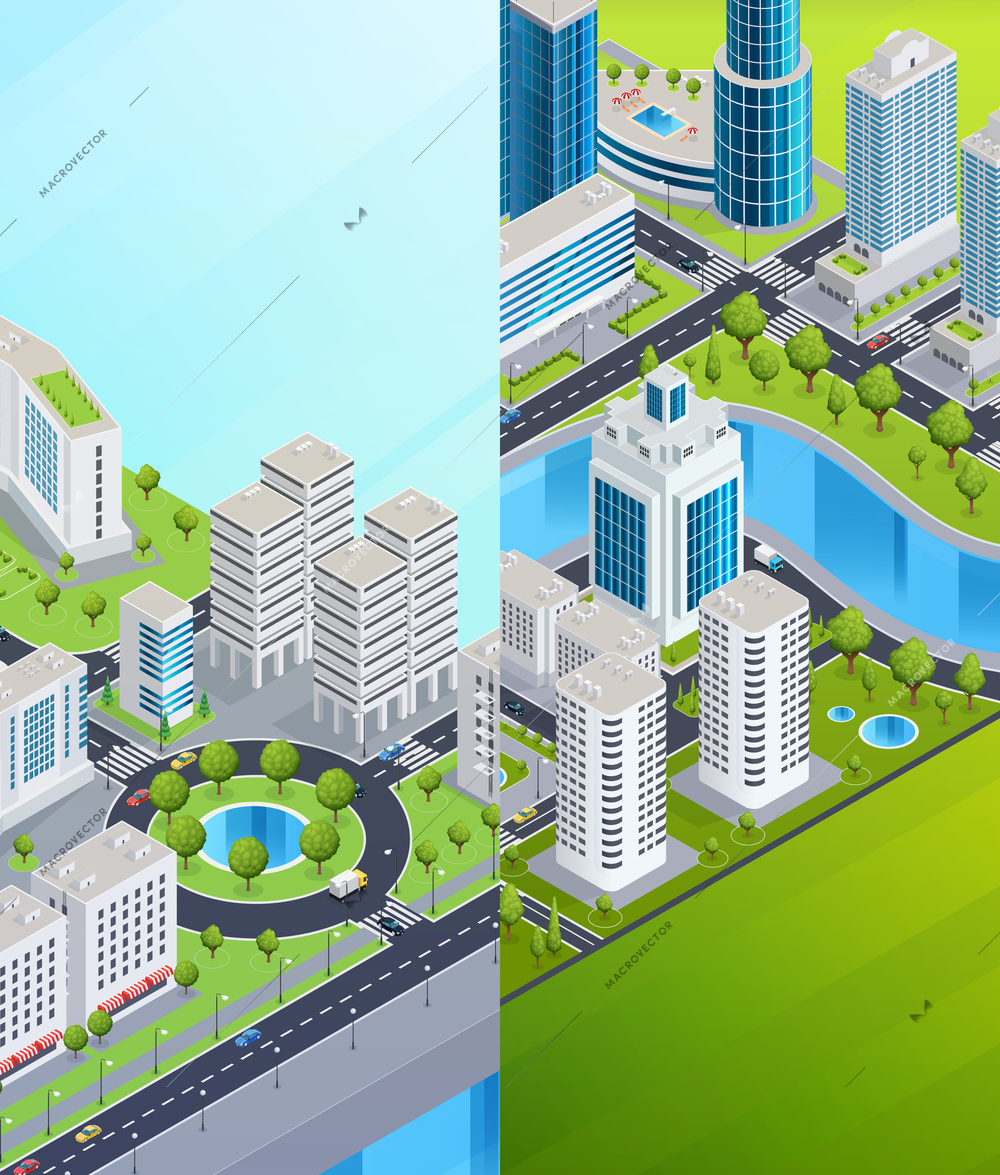 City infrastructure isometric vertical banners with business skyscrapers shopping centers and residential buildings vector illustration