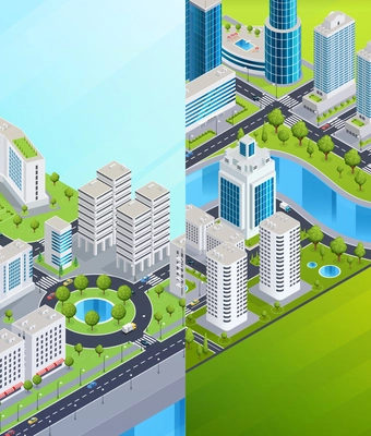 City infrastructure isometric vertical banners with business skyscrapers shopping centers and residential buildings vector illustration