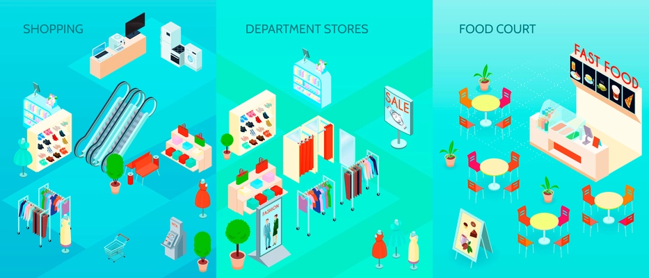 Shopping mall department stores interior and fast food  court 3 isometric vertical banners set isolated vector illustration