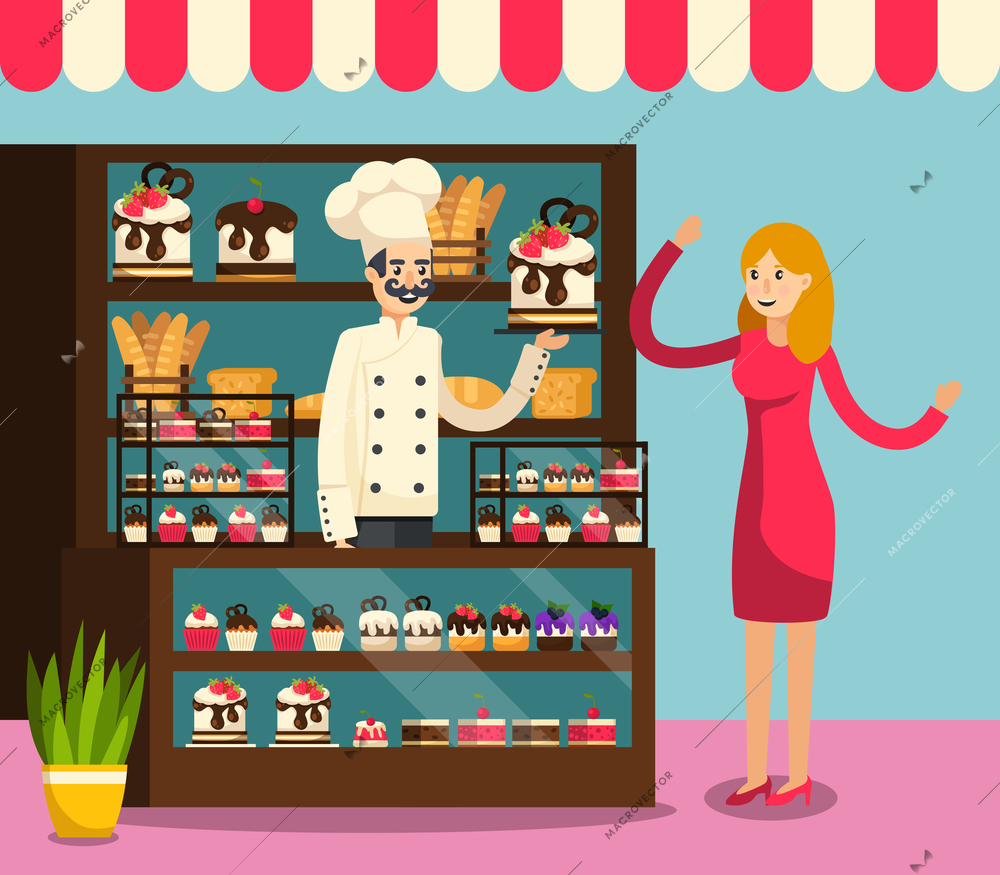 Colored flat Caf composition with employee behind the counter of cafe selling cakes to buyer vector illustration