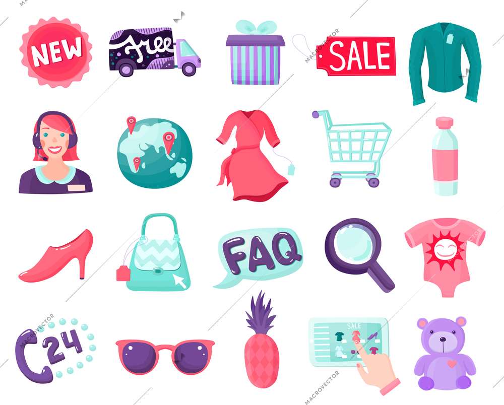 Online shopping e-commerce set with isolated cartoon images of goods stickers and customer support signs vector illustration