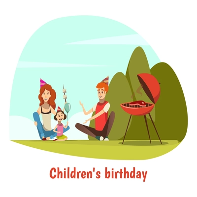 Kids birthday celebration composition with nature and barbecue cartoon vector illustration