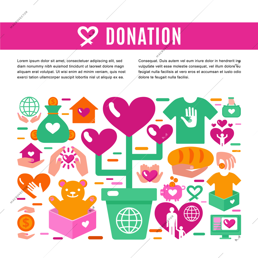 Charity donation information page with set of colored icons on theme of donating money clothing food and toys for children  flat vector illustration