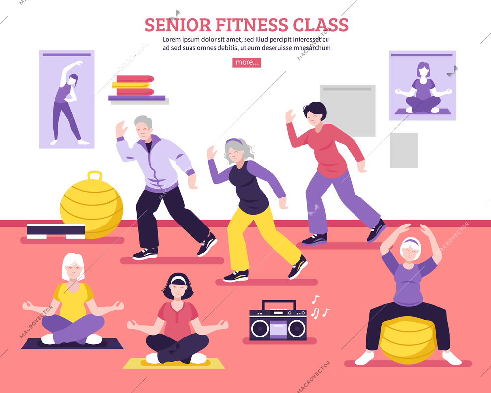 Seniors group fitness class flat webpage design poster with yoga asanas aerobic and balance exercises vector illustration