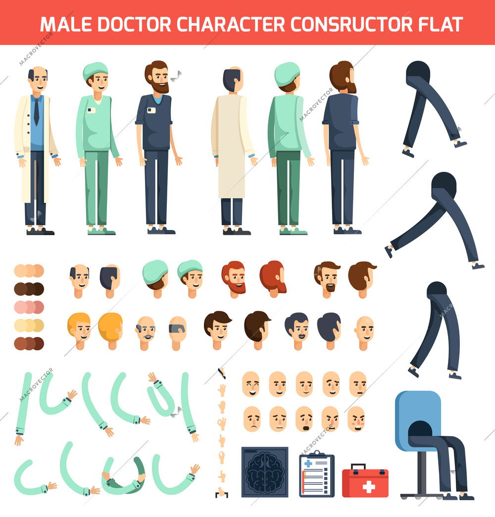 Constructor of doctor character with male person body parts and medical accessories vector illustration