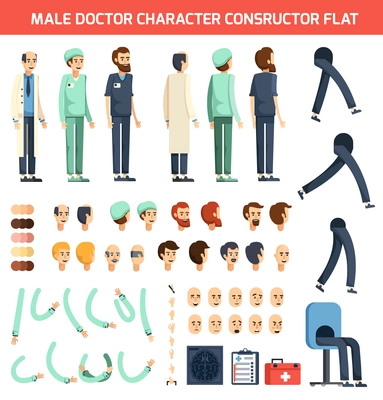 Constructor of doctor character with male person body parts and medical accessories vector illustration