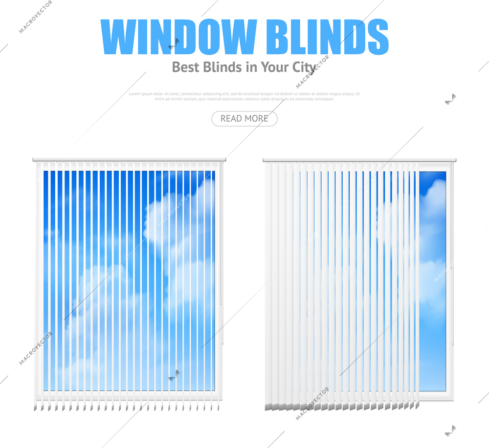 Two isolated windows elements with white vertical blinds overlooking cloudy blue sky realistic vector illustration