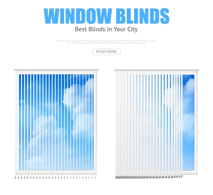 Two isolated windows elements with white vertical blinds overlooking cloudy blue sky realistic vector illustration