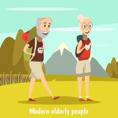 Modern elderly people background with camping  symbols cartoon vector illustration