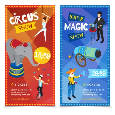 Circus vertical isometric banners with trapeze artist, juggler, super magic show, clown, performing animals isolated vector illustration