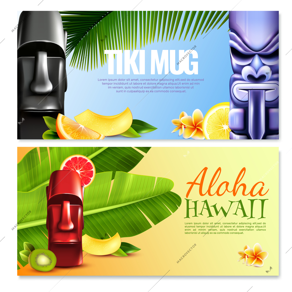 Hawaiian party horizontal banners with tiki mugs, lettering aloha, fruits, flowers and tropical plants isolated vector illustration