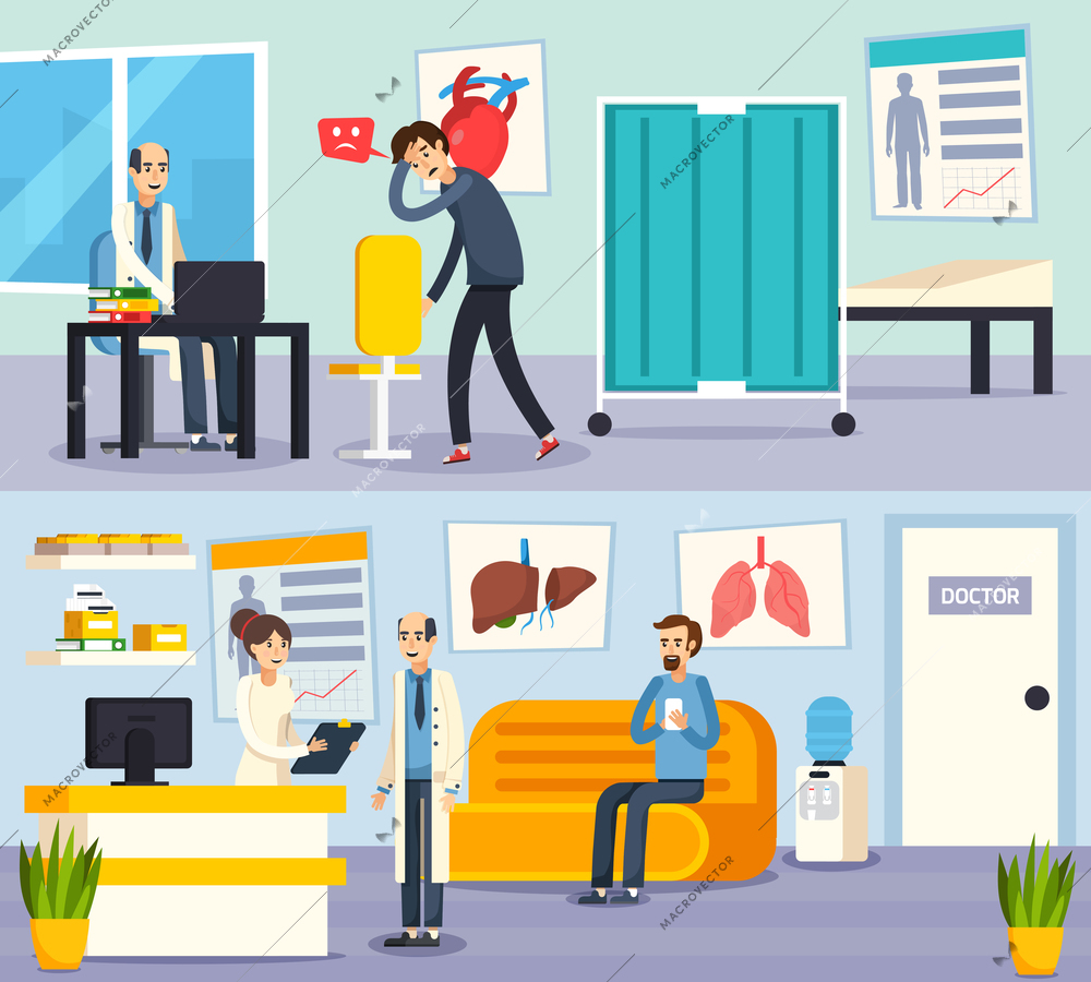 Two colored male doctor character flat composition set with patients on appointment vector illustration