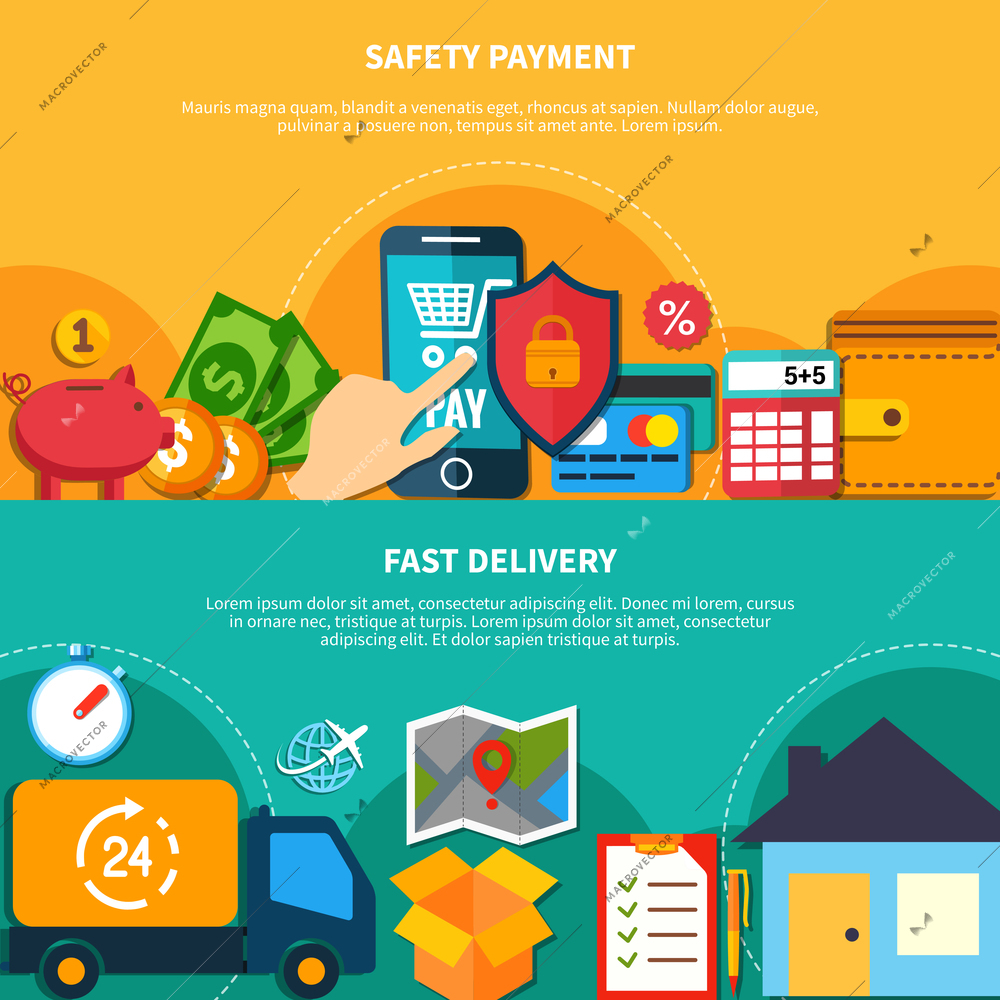 Two internet commerce composition or flyer set with safety payments and fast delivery descriptions vector illustration