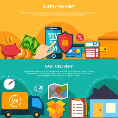 Two internet commerce composition or flyer set with safety payments and fast delivery descriptions vector illustration