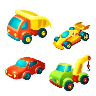 Toy transport decorative icons set with truck racing car auto isolated vector illustration
