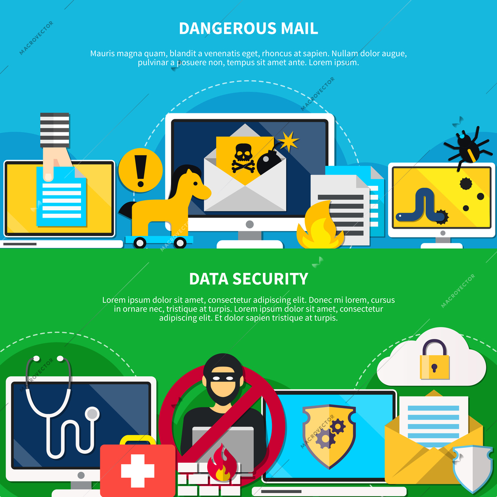 Hacker horizontal banners with dangerous mail and data security design elements flat vector illustration