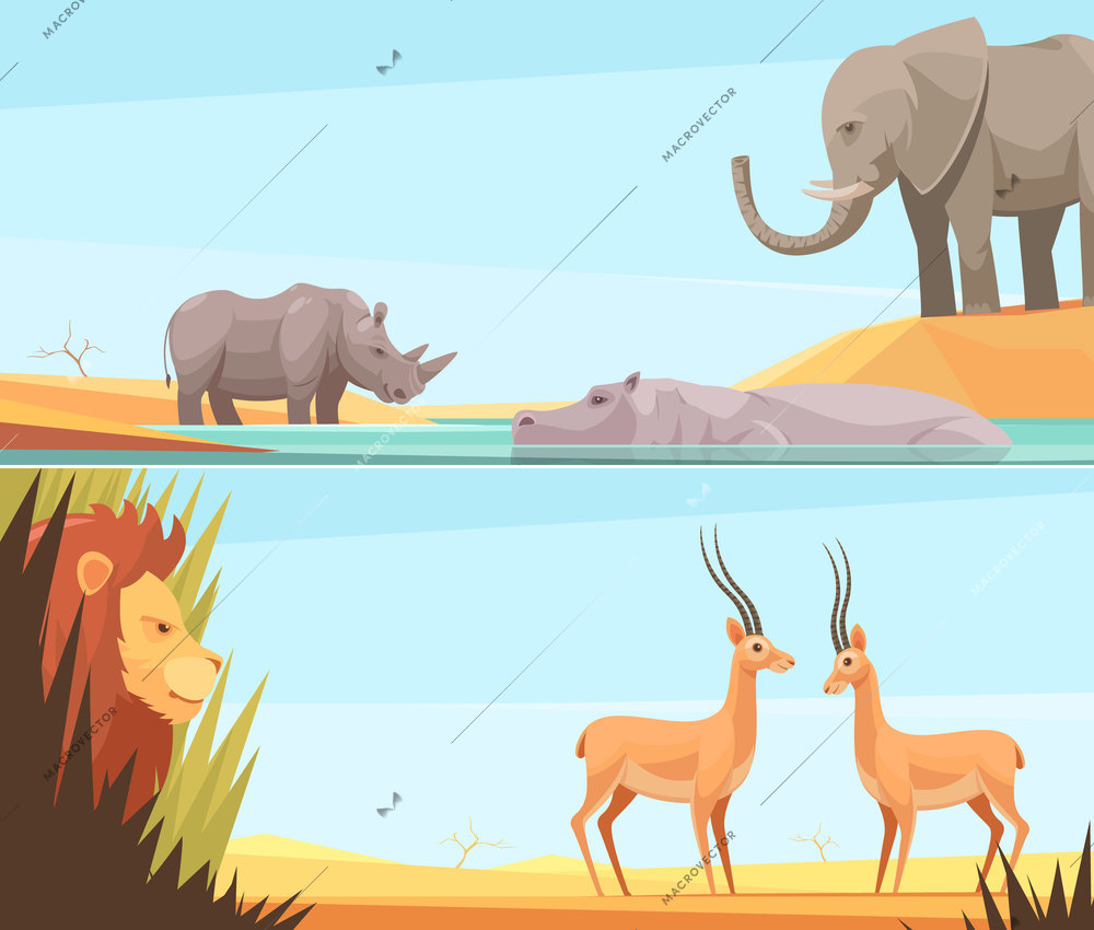 Two horizontal wild animal banners set with flat images of prey and beast animals with tropical landscape vector illustration