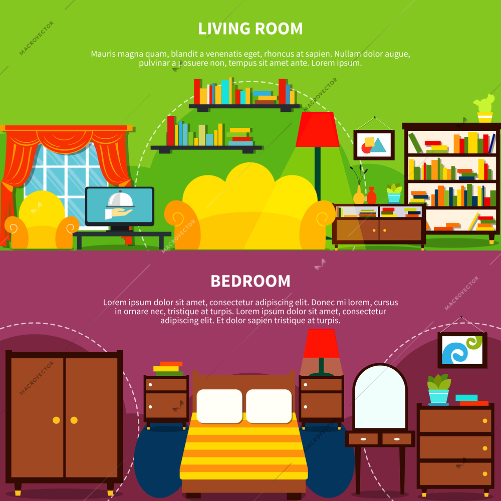 Room interior horizontal banners set with bedroom and living room flat isolated vector illustration